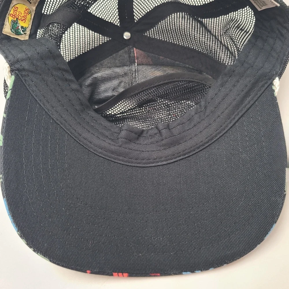 Bass Pro Shops Hat Snapback Trucker Mesh Black Floral Rope Tropical Fish Outdoor
